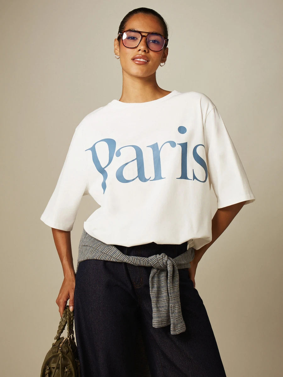 MISSGUIDED Oversized Streetwear Boxy Paris Graphic Print Crew Neck Short Sleeve Cotton T-Shirt Casual Summer Street Style Top Travel White And Blue - White - View 1