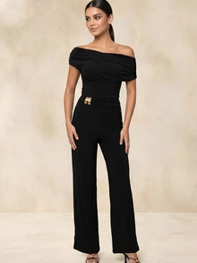 QUIZ Mono palazzo elegante para mujer, negro, con hombros descubiertos, detalles plisados en la cintura y cinturón, pernera ancha, para fiesta formal, ocasión especial, noche, fin de semana, verano y vacaciones - Negro - Ver 5