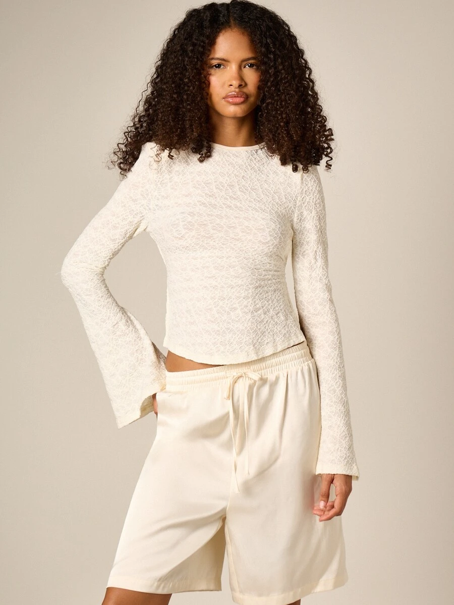 AiiRZ Lace Long Sleeve Open Back Crop Top Tie Detail Bell Sleeves Night Out Autumn Evenings High Tea Date Night White Romantic Elegant - Beige - View 1