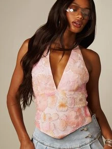 MISSGUIDED Floral Beaded Halter Neck Plunge Deep V Backless Lace-Up Crop Top Summer Festival Party - Pink - View 5
