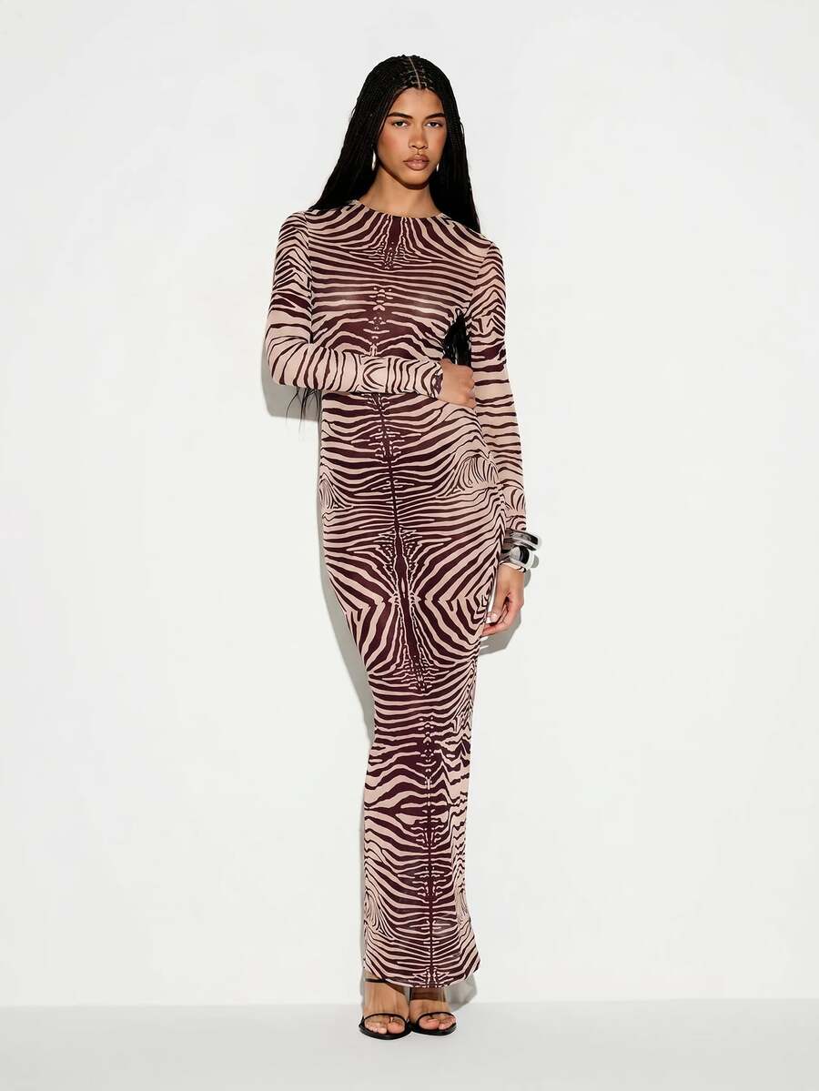 KIZN Gaun Maxi Jala Motif Zebra Lengan Panjang, Leher Bulat, Body-Con, Motif Hewan, Panjang Hingga Lantai, Gaun Pesta Malam - Burgundy - View 1