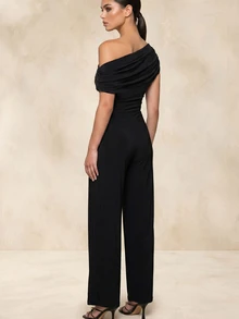 QUIZ Mono palazzo elegante para mujer, negro, con hombros descubiertos, detalles plisados en la cintura y cinturón, pernera ancha, para fiesta formal, ocasión especial, noche, fin de semana, verano y vacaciones - Negro - Ver 2
