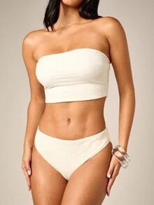 AiiRZ High Waisted High Leg Bikini Bottom In Textured Waffle Fabric, Cheeky Cut, Summer Beach Vacation Swimwear White Modest Casual - Pale Yellow - View 3