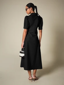 KSTM Puff Sleeve Belted Midi Shirt Dress With Spread Collar And A-Line Skirt For Office And Casual Wear - Black - View 2