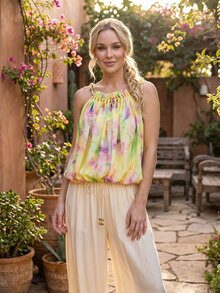 Rouah Women's Multicolour Chiffon Tie-Dye Effect Pleated Casual Camisole Top For Summer - Summer Top, Chiffon Top, Lightweight Top, Sheer Top, Festival Top, Resort Top - Multicolor - View 1