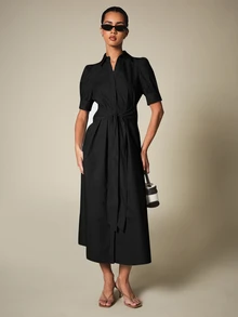 KSTM Puff Sleeve Belted Midi Shirt Dress With Spread Collar And A-Line Skirt For Office And Casual Wear - Black - View 3