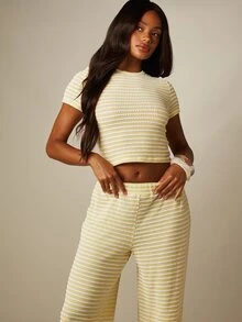 MISSGUIDED Textured Knit Crop Top And Wide Leg Palazzo Pants Co-Ord Set Summer Vacation Beach Matching Two Pieces Outfit Blue And White Stripe Tropical Casual - Light Yellow - View 4
