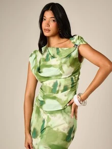 AiiRZ Tie Dye Watercolor Print Cowl Neck Cap Sleeve Blouse With Ring Detail Summer Vacation Flowy Top - Multicolor - View 1
