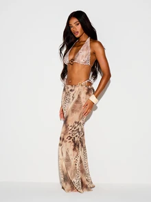 KIZN Beige Animal Print Maxi Cover-Up Skirt With Tie Side Detail For Beach Vacation And Summer Sexy Tropical - Multicolor - View 4