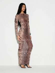 KIZN Gaun Maxi Jala Motif Zebra Lengan Panjang, Leher Bulat, Body-Con, Motif Hewan, Panjang Hingga Lantai, Gaun Pesta Malam - Burgundy - View 4