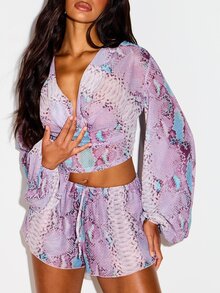 KIZN Snake Print Floaty Mini Shorts With Elastic Drawstring Waist And Curved Hem Summer Festival - Lilac Purple - View 4