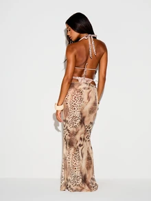 KIZN Beige Animal Print Maxi Cover-Up Skirt With Tie Side Detail For Beach Vacation And Summer Sexy Tropical - Multicolor - View 2
