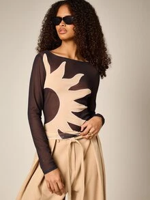 AiiRZ Mesh Long Sleeve Boat Neck Top With Abstract Sun Placement Print Front And Back Night Out Going Out Black And Beige Autumn Streetwear - Black - View 5