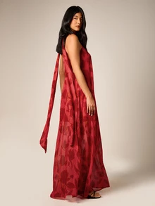 AiiRZ Chiffon Asymmetric Floral Print Maxi Dress With Scarf Tie Neck Open Back Flowing Silhouette Summer Evening - Multicolor - View 3