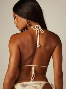 MISSGUIDED Crochet Halter Bikini Top With Shell Embellishments And Cowrie Fringe Summer Beach Vacation Style - Apricot - View 2