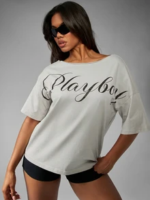 Missguided x Playboy Script Logo 一肩露肩寬鬆大尺寸 T-shirt 休閒夏季派對上衣 - 灰色 - 查看 4