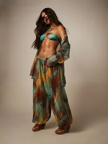 MISSGUIDED Printed Sheer Chiffon Beach Co-Ord Set With Halter Neck Bralette Top And Wide Leg Palazzo Pants Summer Vacation - Multicolor - View 4