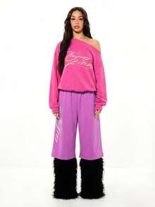 SUMWON WOMEN 寬鬆大寬腿運動短褲，草寫字母圖案印花，鬆緊腰帶，休閒百慕達風 - 粉色 - 查看 3