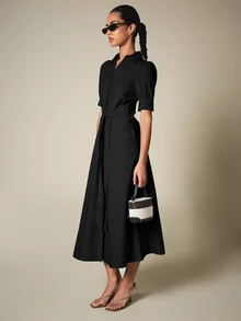 KSTM Puff Sleeve Belted Midi Shirt Dress With Spread Collar And A-Line Skirt For Office And Casual Wear - Black - View 4
