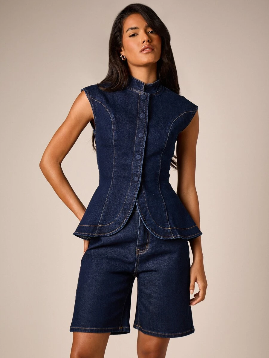 AiiRZ Denim Cap Sleeve Peplum Hem Top With Mandarin Collar Button Front Fitted Waist Spring Summer Casual Chic - Blue - View 1