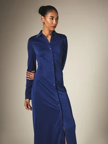 KSTM Robe chemise longue à manches longues avec col, fermeture boutonnée devant et fente latérale, style élégant pour le soir et le travail - bleu indigo - Voir 3