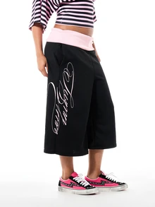 SUMWON WOMEN Wide Leg Fold-Over Waistband Culottes Shorts With Script Print Below Knee Length Casual Summer Style - Black - View 1