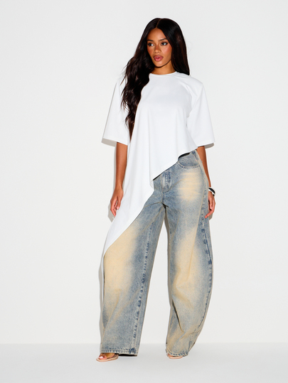 KIZN Oversized Asymmetric Shoulder Pad T-Shirt With High-Low Hem And Crew Neck Drop Shoulder Design