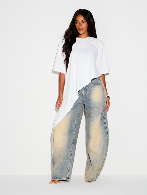 KIZN Oversized Asymmetric Shoulder Pad T-Shirt With High-Low Hem And Crew Neck Drop Shoulder Design