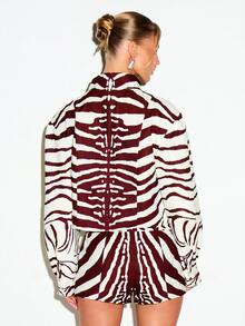 KIZN Zebra Print Funnel Neck Boxy Jacket With Long Sleeves Animal Print Oversized Cropped Outerwear Fall Winter - Burgundy - View 2