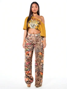 SUMWON WOMEN Oversized Off Shoulder Crop Graphic Tee With Leopard Print And Tokyo Japanese Street Style Design - Yellow - View 5