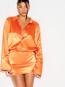 KIZN Vestido Camisa Mini de Satén con Botones Delanteros, Mangas Largas y Cuello con Solapa para Fiesta, Salidas Nocturnas y Verano - Naranja - Ver 5