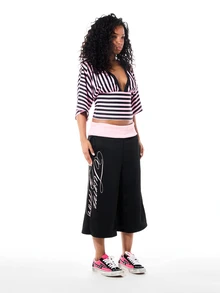SUMWON WOMEN Wide Leg Fold-Over Waistband Culottes Shorts With Script Print Below Knee Length Casual Summer Style - Black - View 5
