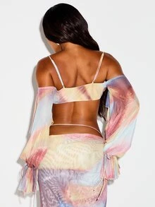 KIZN Abstract Print Cowl Neck Balloon Sleeve Crop Blouse With Off-Shoulder Detail And Ruffle Trim Summer Festival Style - Multicolor - View 2