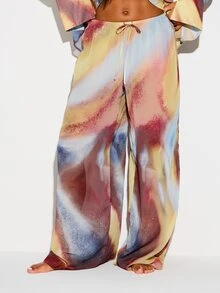 KIZN Abstract Swirl Print Wide Leg Drawstring Trousers Beach Cover Up Summer Vacation Resort Wear Palazzo Pants - Multicolor - View 1