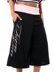 SUMWON WOMEN Wide Leg Fold-Over Waistband Culottes Shorts With Script Print Below Knee Length Casual Summer Style - Black - View 4