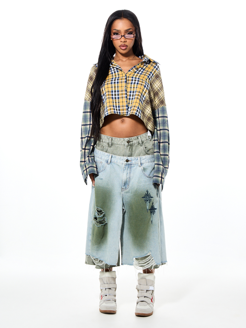 Patchwork Plaid Color Block Cropped Flannel Shirt With Rhinestone Detail Long Sleeve Button Front Collared Oversized Boxy Fit Fall Winter Top