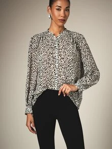KSTM Leopard Spot Print Button-Up Blouse With Puff Long Sleeves Notch Neckline Relaxed Fit High-Low Hem - Multicolor - View 5