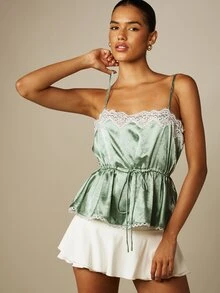 MISSGUIDED 對比色蕾絲飾邊提花方領細肩帶上衣，抽繩收腰繫帶，優雅派對夏季無袖背心 - 青碧色 - 查看 4
