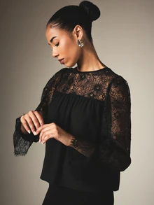 KSTM Elegant Floral Lace Sheer Sleeve Blouse With Lace Yoke Round Neck Long Sleeve Party Evening Top - Black - View 4