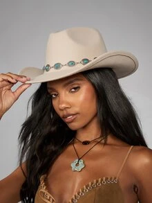 MISSGUIDED Wide Brim Cowboy Hat With Turquoise Concho Chain Band Western Style Festival Hat - Beige - View 4
