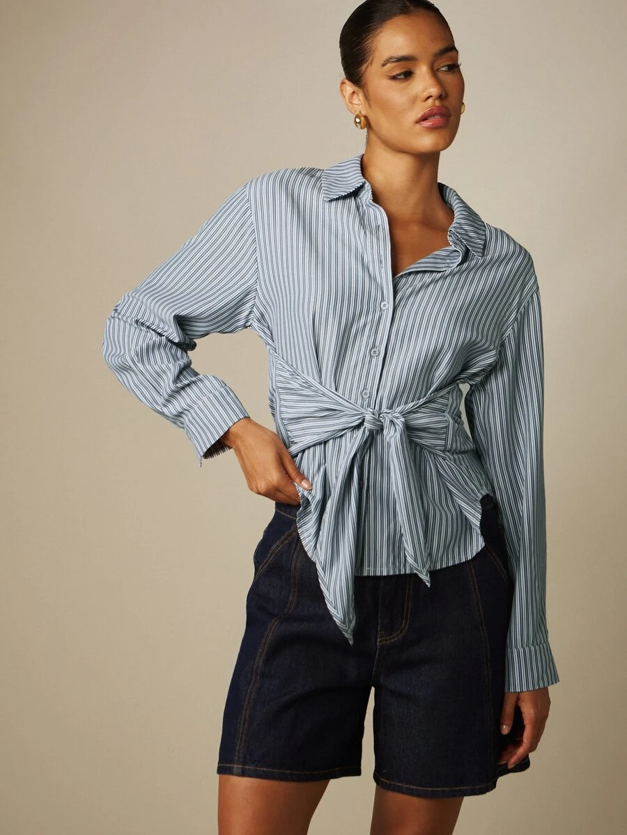 MISSGUIDED Knotted Front Pinstripe Long Sleeve Collared Button-Up Shirt With Tie Detail Relaxed Casual Spring Summer Top - Black and White - View 1