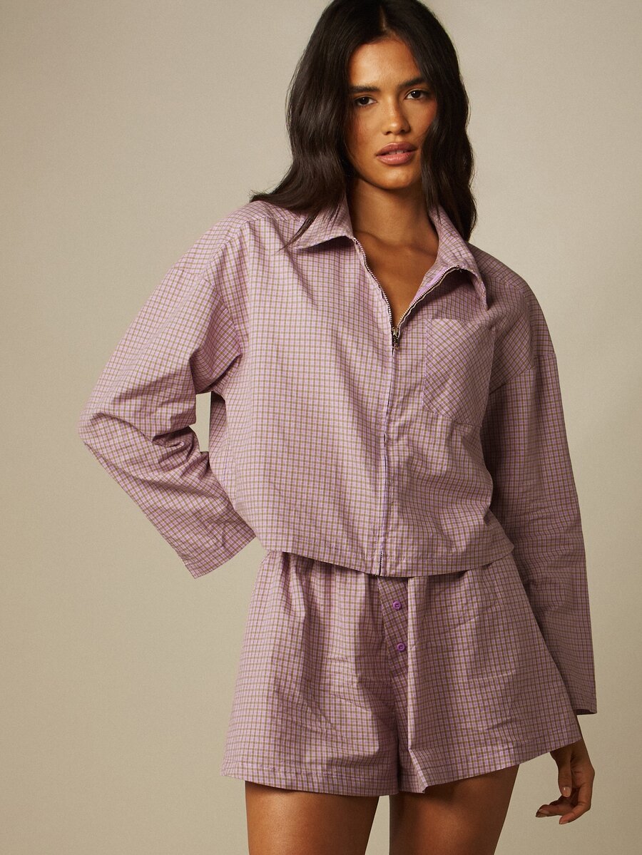 MISSGUIDED Cropped Checked Zipper Closure Collared Long Sleeve Oversized Shirt Top Autumn Casual Everyday Home Purple Plaid - Multicolor - View 1