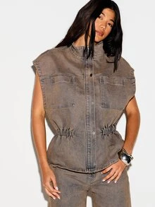 KIZN Sleeveless Denim Funnel Neck Vest Jacket With Elastic Waist Cinch Snap Button Closure And Dual Chest Patch Pockets - Brown - View 1