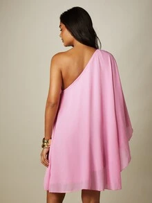 MISSGUIDED Chiffon One-Shoulder Cape Mini Dress Flowy Asymmetric Sleeve Summer Party Beach Cover-Up - Pink - View 2