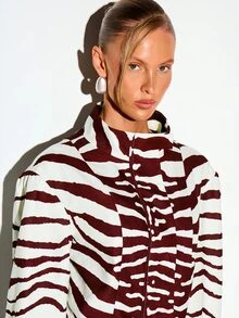 KIZN Zebra Print Funnel Neck Boxy Jacket With Long Sleeves Animal Print Oversized Cropped Outerwear Fall Winter - Burgundy - View 4