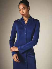 KSTM Robe chemise longue à manches longues avec col, fermeture boutonnée devant et fente latérale, style élégant pour le soir et le travail - bleu indigo - Voir 5