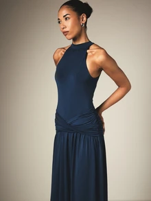 KSTM Halter Neck Ruched Waist Maxi Dress Sleeveless Racerback Flowing Skirt Evening Party Formal Occasion - Blue - View 6