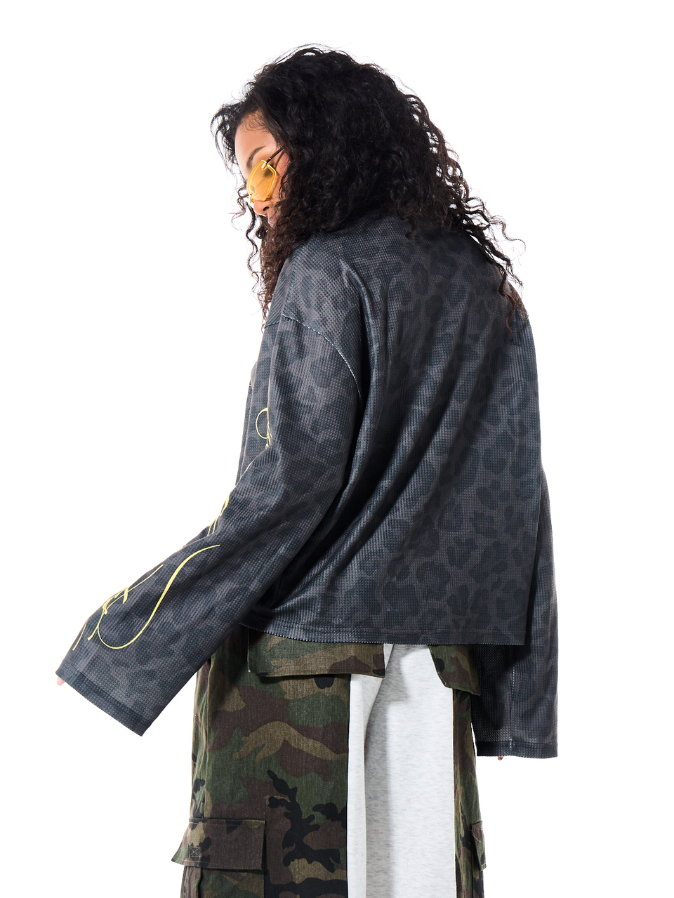 SUMWON WOMEN Oversized Long Sleeve Waffle Knit Top With Chinese Script Print And Leopard Pattern