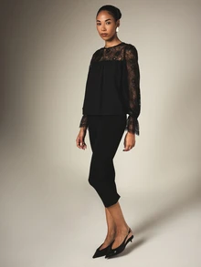 KSTM Elegant Floral Lace Sheer Sleeve Blouse With Lace Yoke Round Neck Long Sleeve Party Evening Top - Black - View 3
