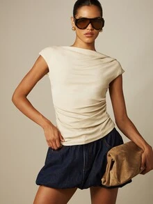 MISSGUIDED Jersey Boat Neck Draped Ruched Asymmetric Cinched Waist Cap Sleeve Top | Casual Chic Spring Summer - Apricot - View 6